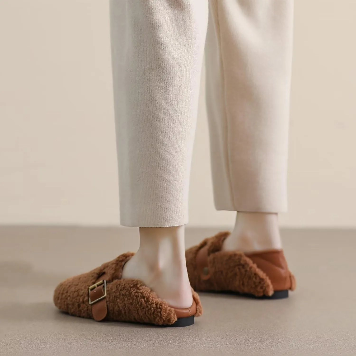 Hee grand Winter Faux Fleece Cozy Flats for Women Fur Lining Warm Fuzzy Soft Flats Anti-Slip Sole Indoor/Outdoor