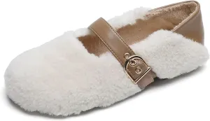 Hee grand Winter Faux Fleece Cozy Flats for Women Fur Lining Warm Fuzzy Soft Flats Anti-Slip Sole Indoor/Outdoor