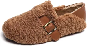 Hee grand Winter Faux Fleece Cozy Flats for Women Fur Lining Warm Fuzzy Soft Flats Anti-Slip Sole Indoor/Outdoor
