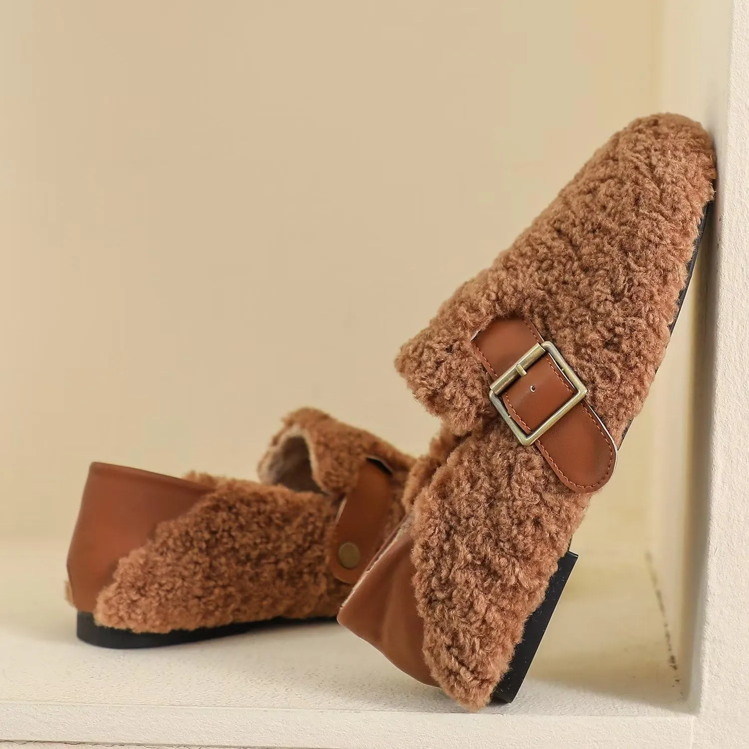 Hee grand Winter Faux Fleece Cozy Flats for Women Fur Lining Warm Fuzzy Soft Flats Anti-Slip Sole Indoor/Outdoor