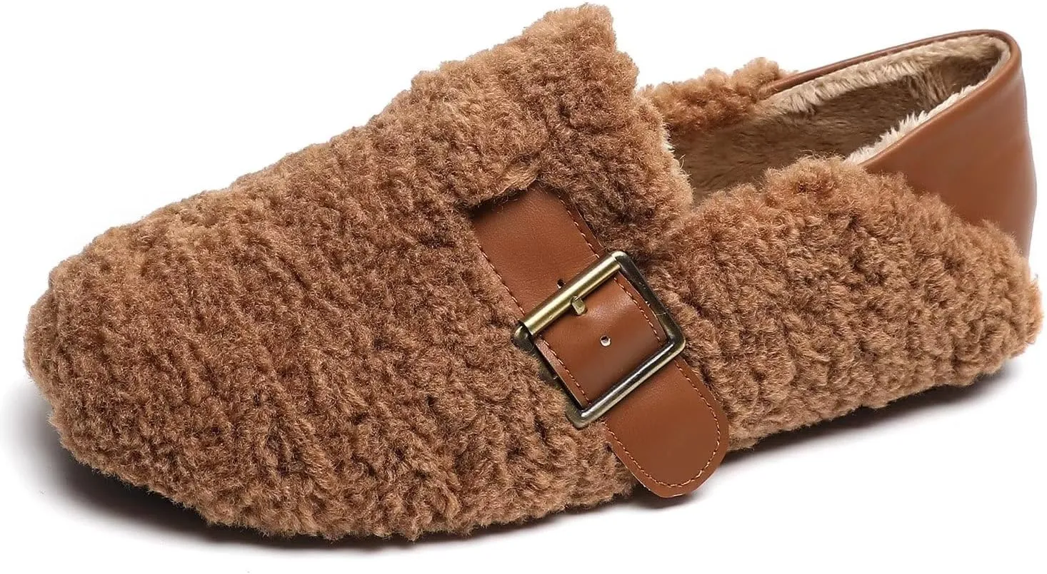 Hee grand Winter Faux Fleece Cozy Flats for Women Fur Lining Warm Fuzzy Soft Flats Anti-Slip Sole Indoor/Outdoor