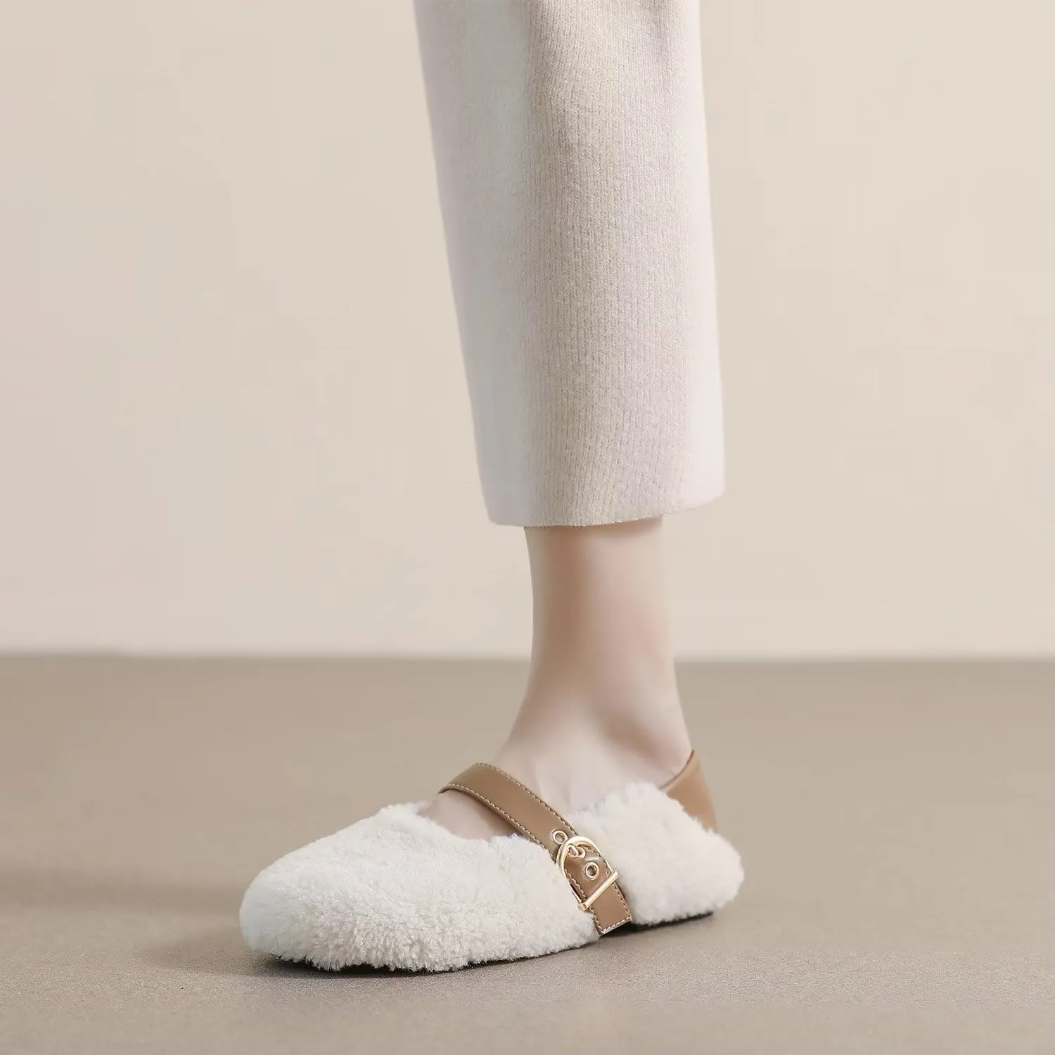 Hee grand Winter Faux Fleece Cozy Flats for Women Fur Lining Warm Fuzzy Soft Flats Anti-Slip Sole Indoor/Outdoor