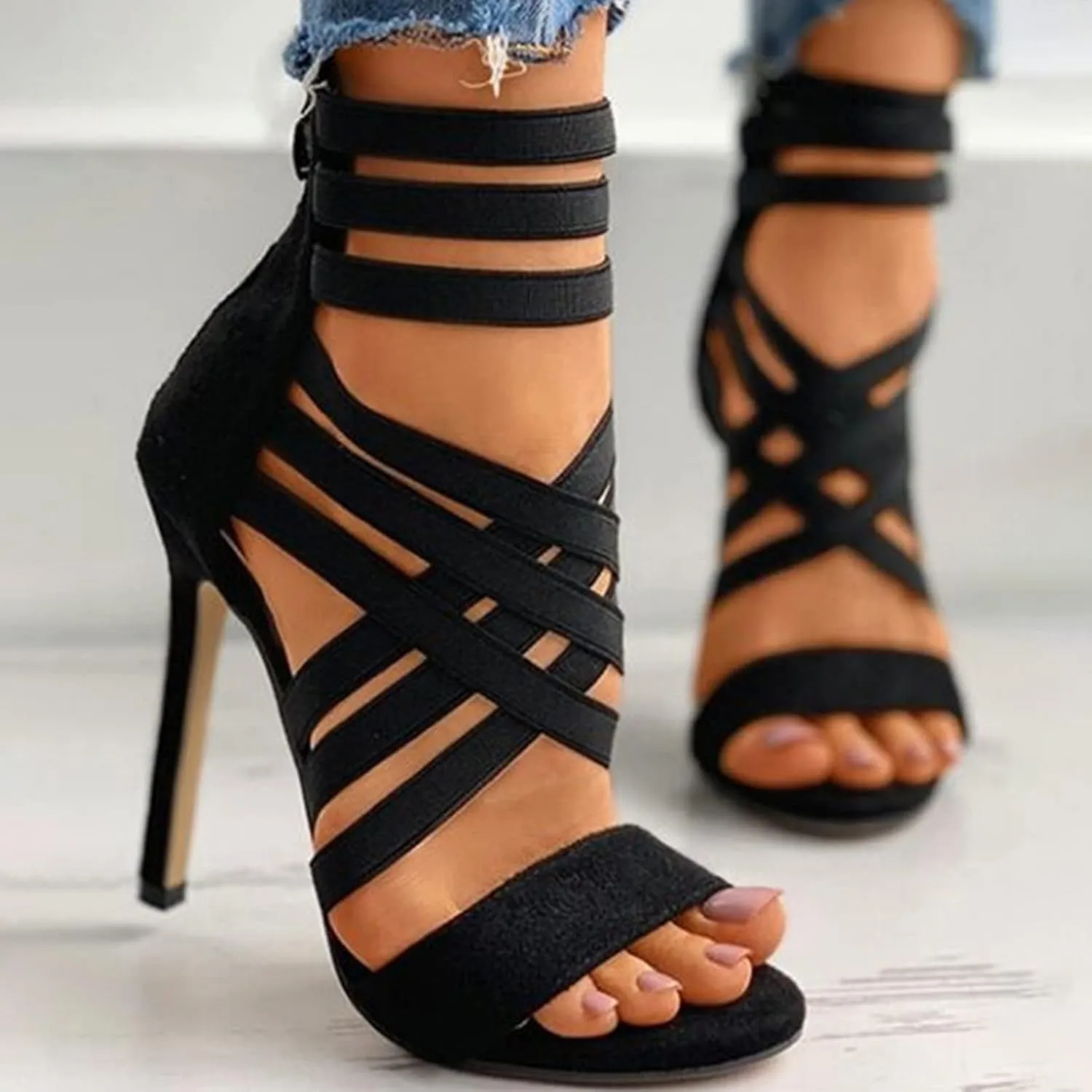 Heels Sandals for Women Sexy Strappy Fish Mouth Open Toe Stilettos Summer Casual Cross Ankle Straps Back Zipper Thin High Heel Shoes