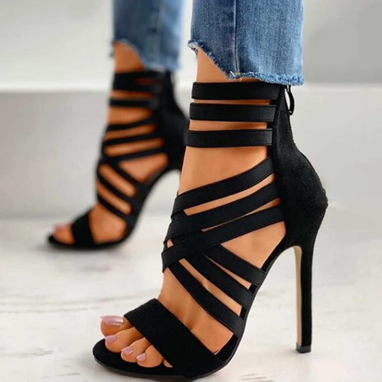 Heels Sandals for Women Sexy Strappy Fish Mouth Open Toe Stilettos Summer Casual Cross Ankle Straps Back Zipper Thin High Heel Shoes