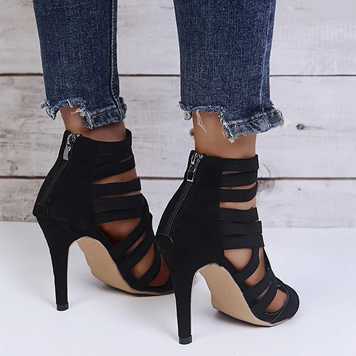 Heels Sandals for Women Sexy Strappy Fish Mouth Open Toe Stilettos Summer Casual Cross Ankle Straps Back Zipper Thin High Heel Shoes