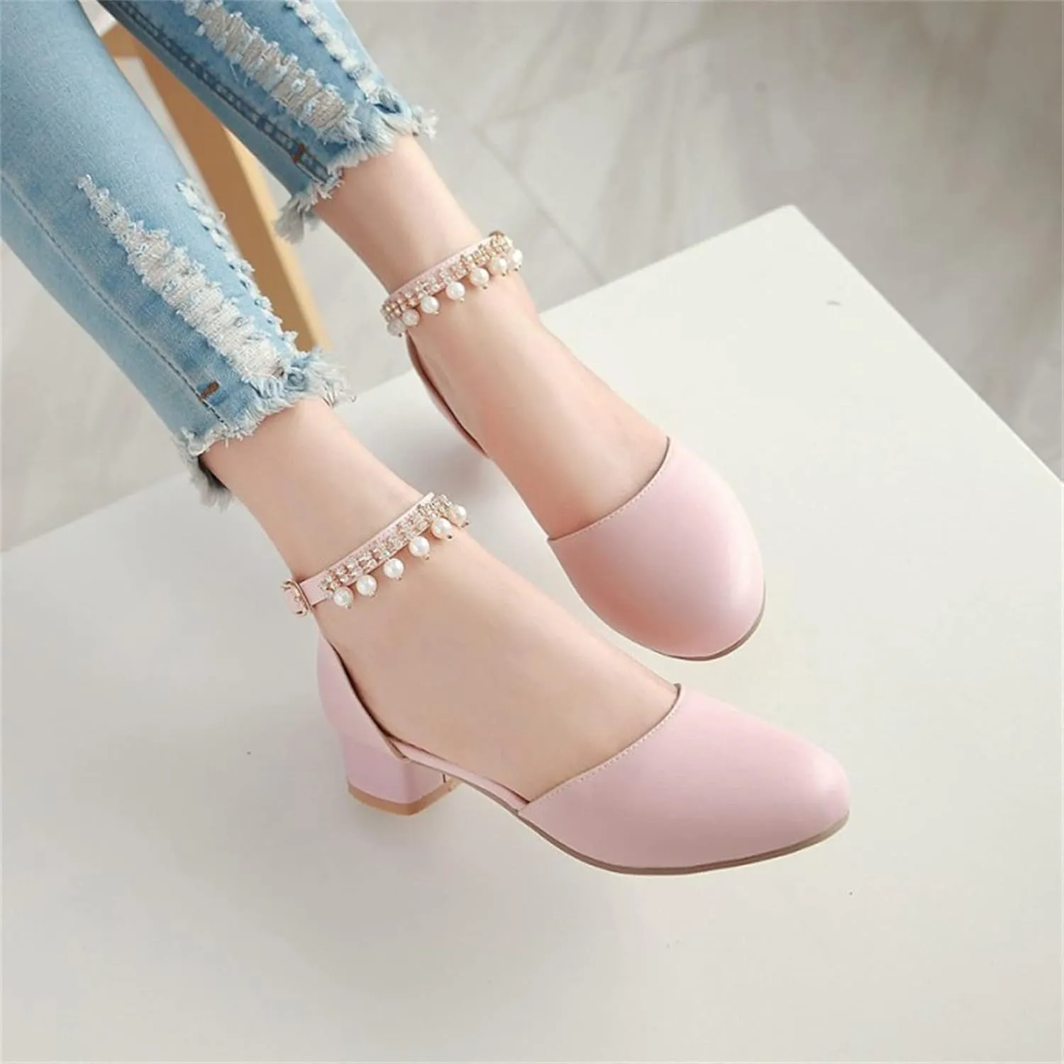 High Heel Closed Pointed Toe Sandals for Girls Kids Ankle Strap Beaded Pearl Formal Shoes Fancy Wedding Basic