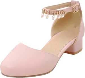 High Heel Closed Pointed Toe Sandals for Girls Kids Ankle Strap Beaded Pearl Formal Shoes Fancy Wedding Basic