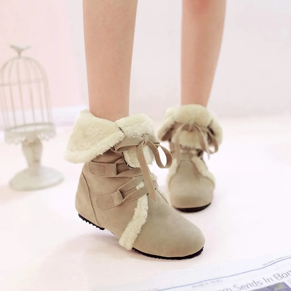 HINDOLA Women's Winter Warm Fur Snow Boots Mid Calf Tall Faux Suede Lace Up Boots Flat Wide Cotton Anti-Slip Snow Boots