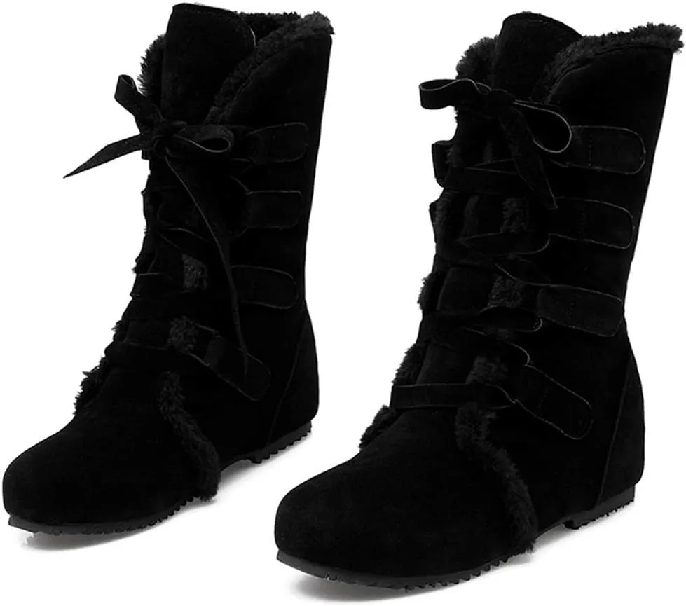 HINDOLA Women's Winter Warm Fur Snow Boots Mid Calf Tall Faux Suede Lace Up Boots Flat Wide Cotton Anti-Slip Snow Boots