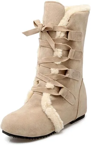 HINDOLA Women's Winter Warm Fur Snow Boots Mid Calf Tall Faux Suede Lace Up Boots Flat Wide Cotton Anti-Slip Snow Boots