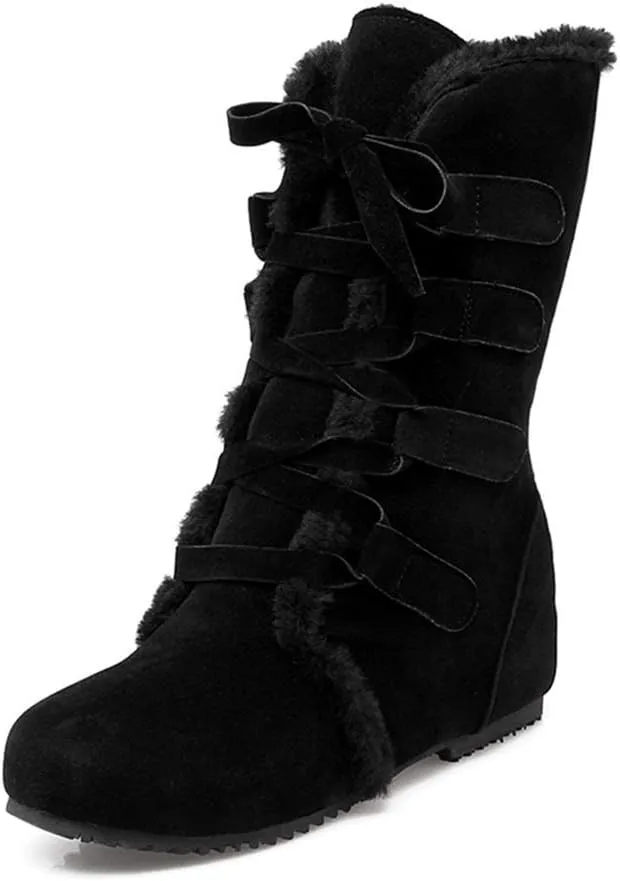 HINDOLA Women's Winter Warm Fur Snow Boots Mid Calf Tall Faux Suede Lace Up Boots Flat Wide Cotton Anti-Slip Snow Boots
