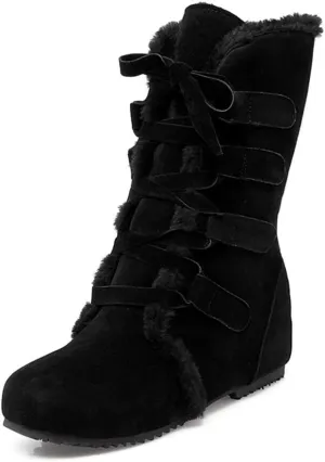 HINDOLA Women's Winter Warm Fur Snow Boots Mid Calf Tall Faux Suede Lace Up Boots Flat Wide Cotton Anti-Slip Snow Boots