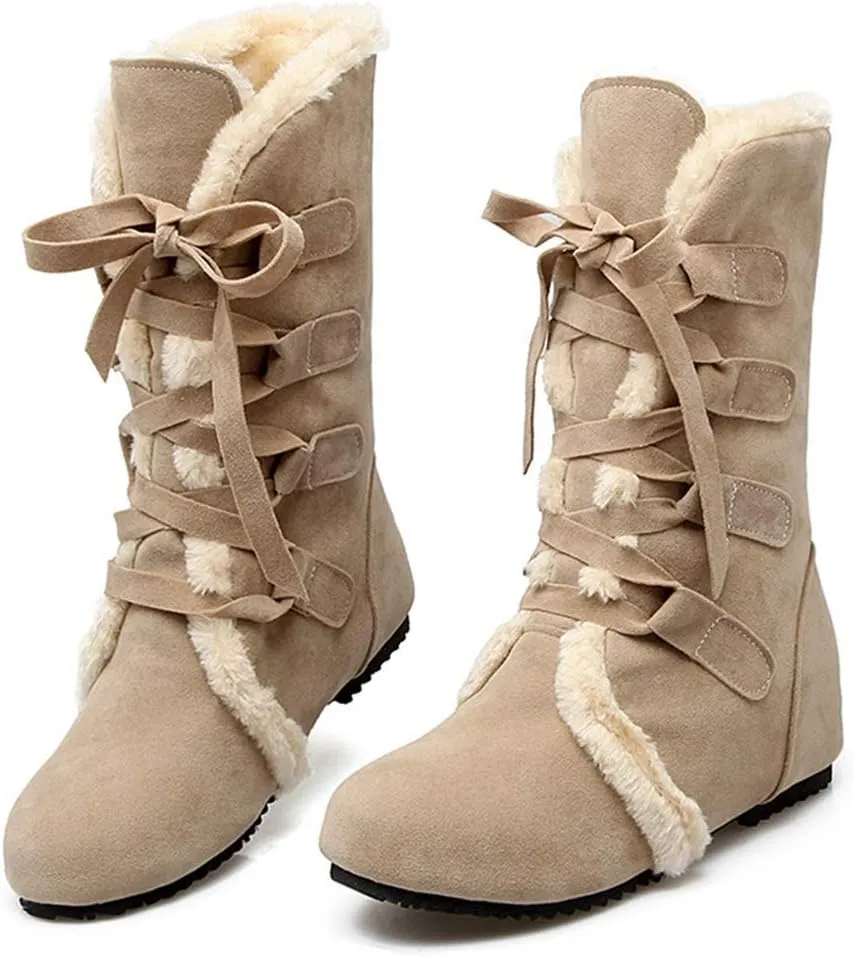 HINDOLA Women's Winter Warm Fur Snow Boots Mid Calf Tall Faux Suede Lace Up Boots Flat Wide Cotton Anti-Slip Snow Boots