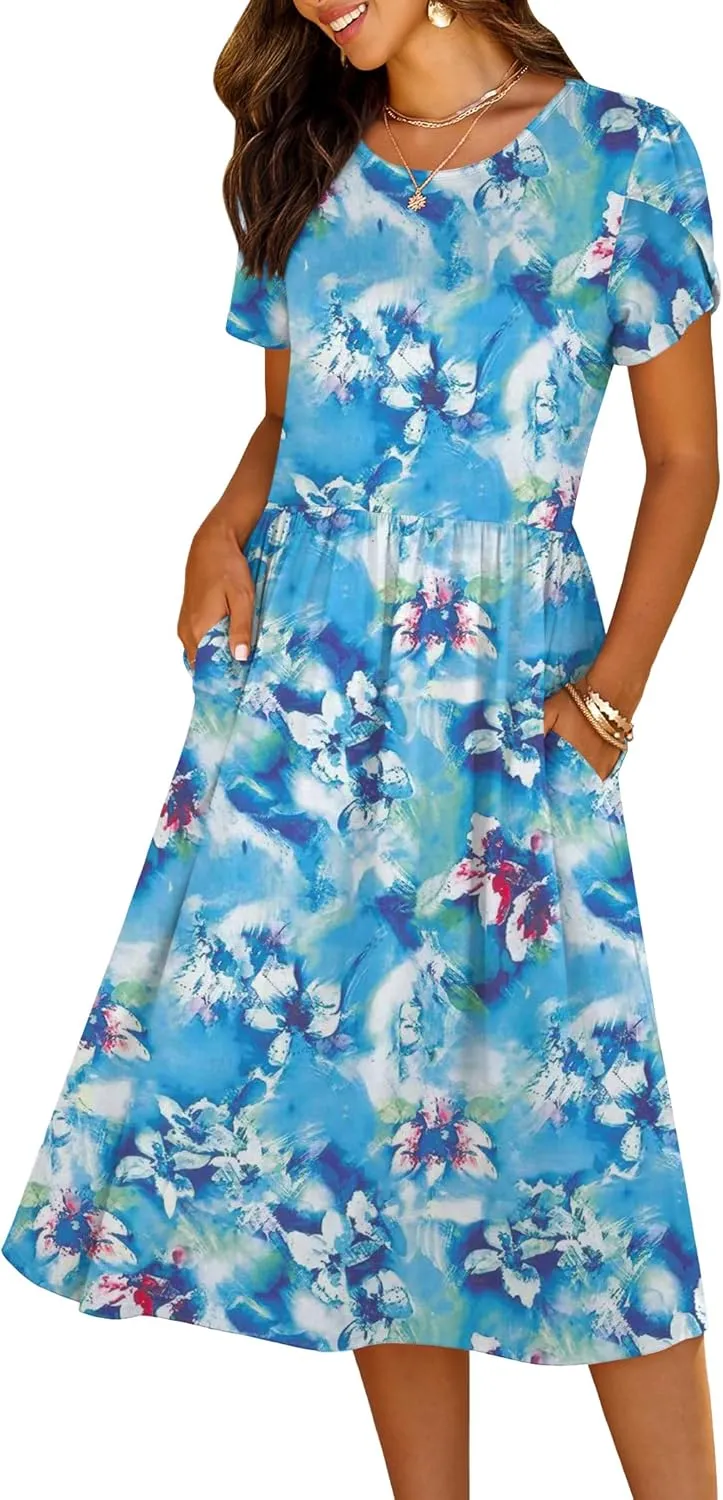 HOTOUCH Women's Summer Short Sleeve A-Line Midi Dresses Casual Floral T-Shirt Dress Flowy Beach Sundress with Pockets