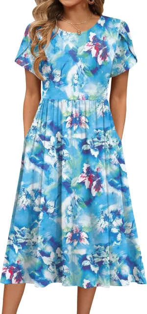 HOTOUCH Women's Summer Short Sleeve A-Line Midi Dresses Casual Floral T-Shirt Dress Flowy Beach Sundress with Pockets