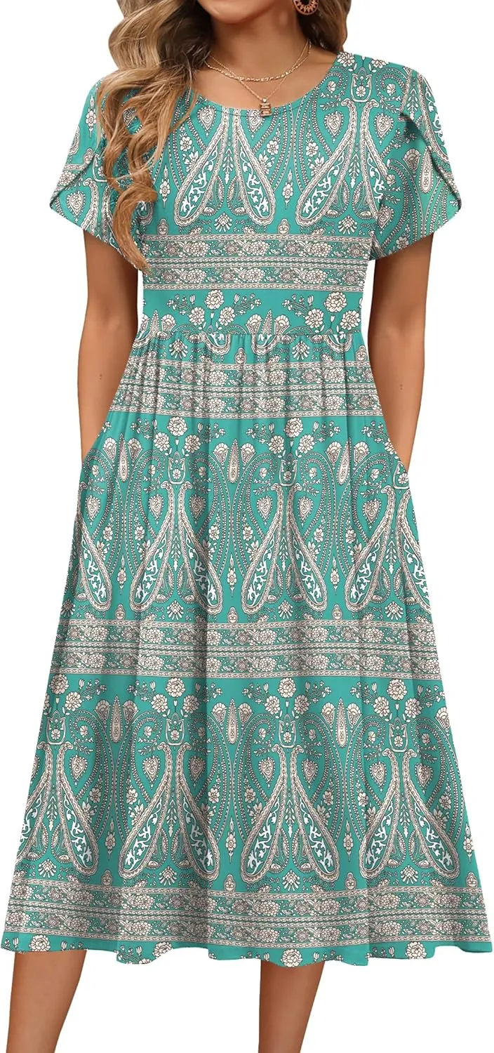 HOTOUCH Women's Summer Short Sleeve A-Line Midi Dresses Casual Floral T-Shirt Dress Flowy Beach Sundress with Pockets