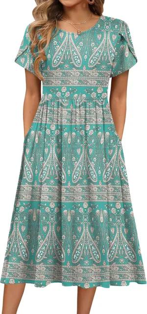 HOTOUCH Women's Summer Short Sleeve A-Line Midi Dresses Casual Floral T-Shirt Dress Flowy Beach Sundress with Pockets