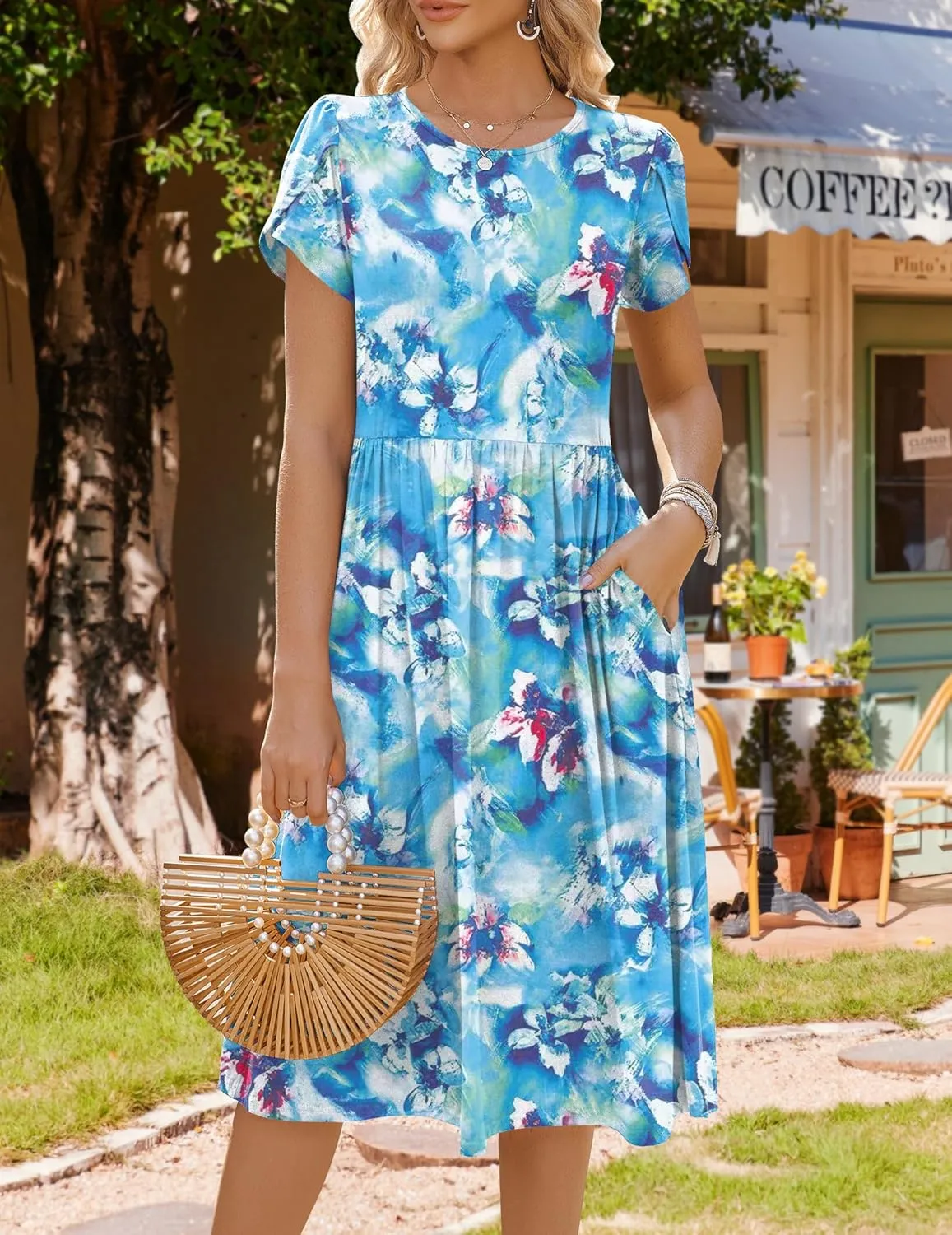 HOTOUCH Women's Summer Short Sleeve A-Line Midi Dresses Casual Floral T-Shirt Dress Flowy Beach Sundress with Pockets