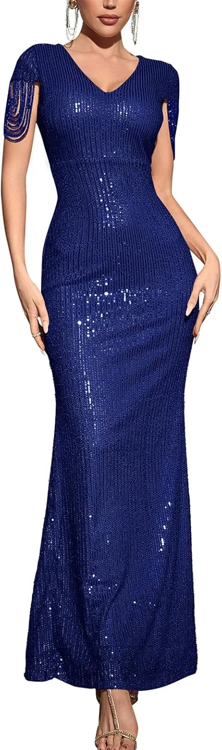 houstil Formal Dresses for Women Sequin 1920s Maxi Long Evening Gown Party Great Gatsby Cocktail Wedding Dress