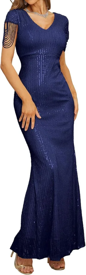 houstil Formal Dresses for Women Sequin 1920s Maxi Long Evening Gown Party Great Gatsby Cocktail Wedding Dress