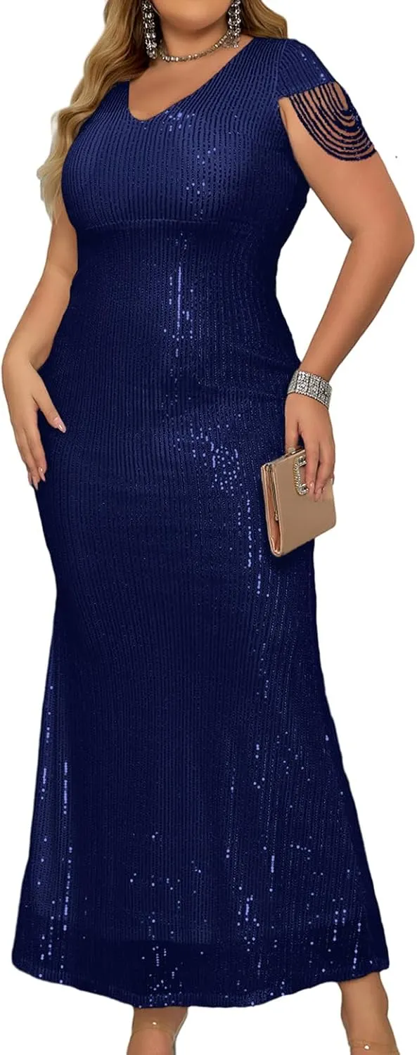 houstil Formal Dresses for Women Sequin 1920s Maxi Long Evening Gown Party Great Gatsby Cocktail Wedding Dress