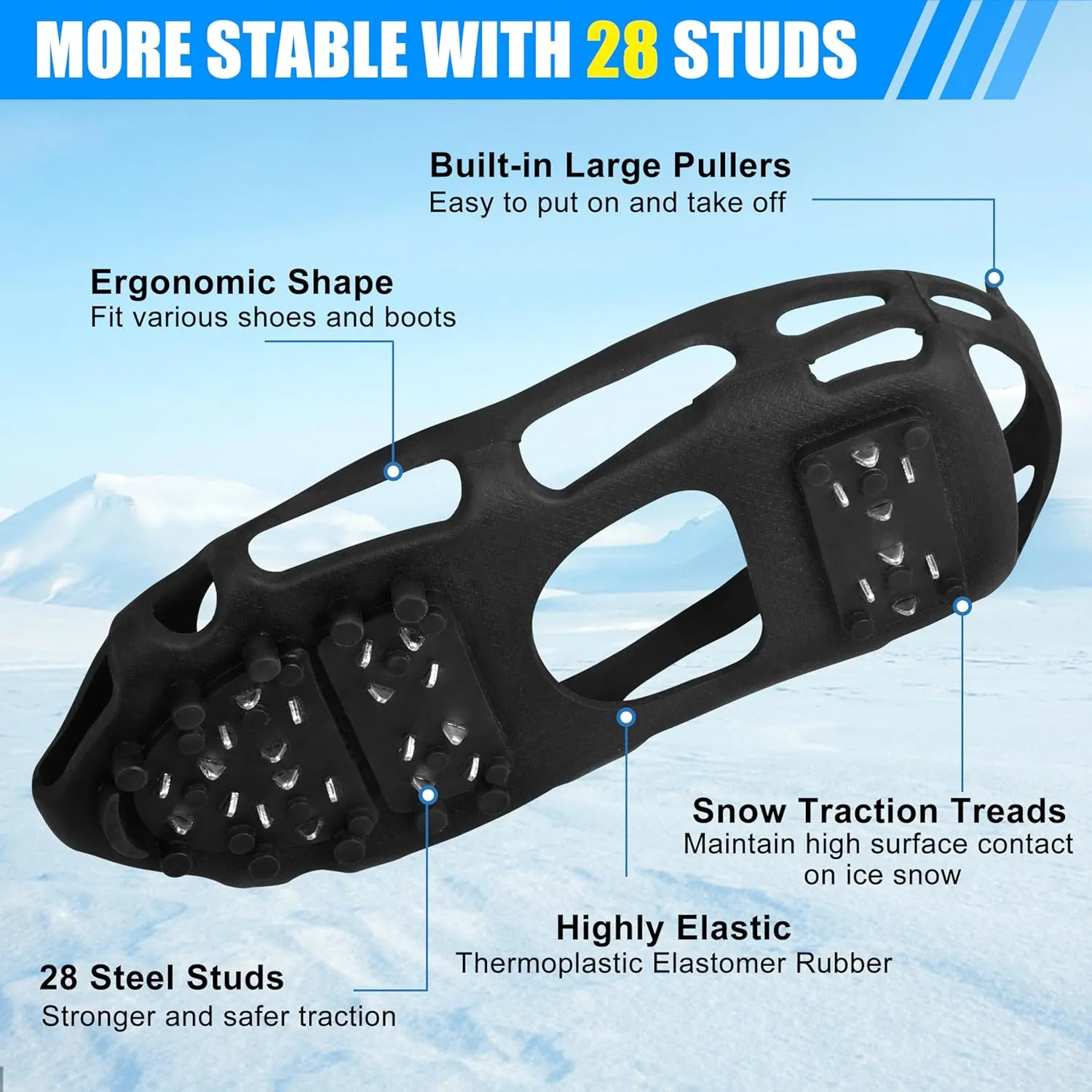 Ice Cleats Snow Traction Cleats,Crampons Ice Cleats for Shoes and Boots Men Women,Non Slip Ice Shoes Grippers Walk Traction Cleats 28 Studs for Snow Ice Hiking Walking Fishing