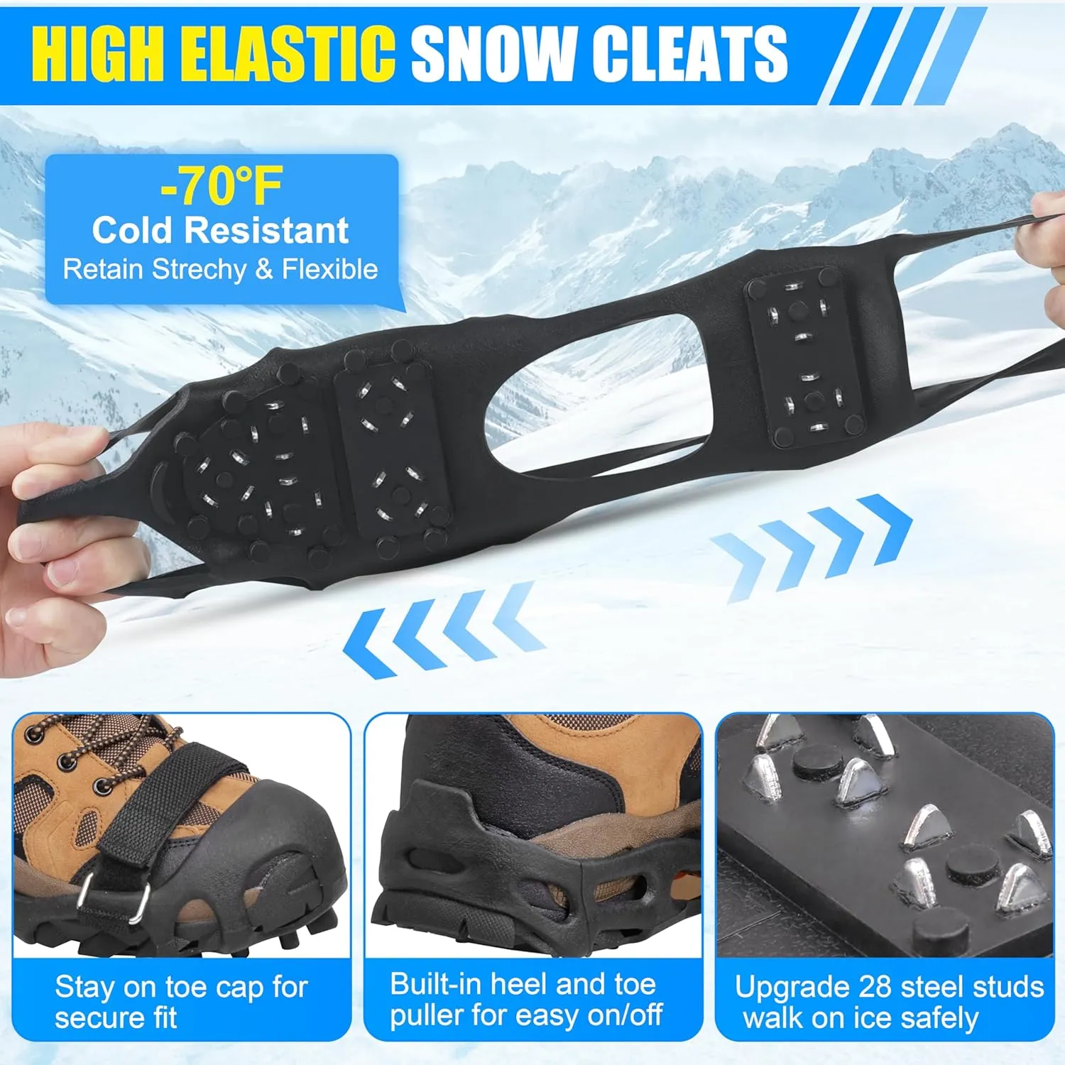 Ice Cleats Snow Traction Cleats,Crampons Ice Cleats for Shoes and Boots Men Women,Non Slip Ice Shoes Grippers Walk Traction Cleats 28 Studs for Snow Ice Hiking Walking Fishing