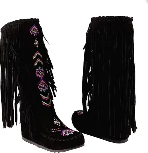 Inornever Knee High Boots for Women Moccasins Embroidered Fringe Black Booties Cowboy Winter Comfortable Warm Vintage Flat Heel Cowgirl Western Suede Long Snow Tassel Boots 9