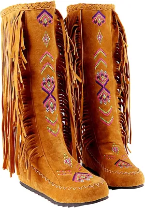 Inornever Knee High Boots for Women Moccasins Embroidered Fringe Booties Cowboy Winter Comfortable Warm Vintage Flat Heel Cowgirl Western Suede Long Snow Tassel Boots 9