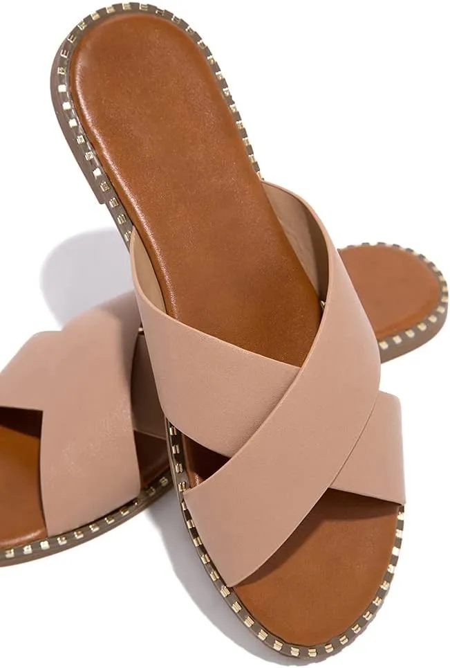 Jeimpoey Womens Studded Flat Sandals Open Toe Slip on Mule Slides Crossed Strap Slipper
