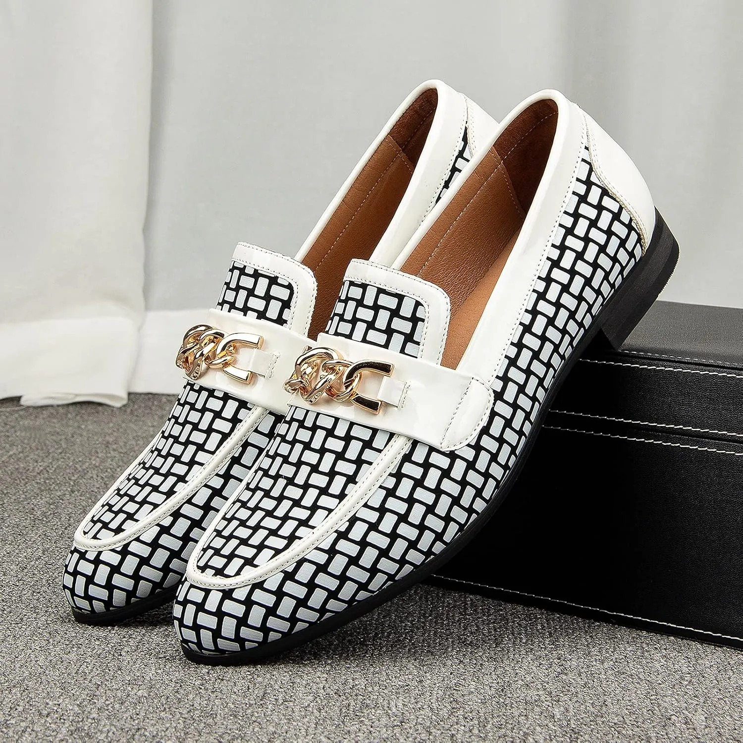 JITAI Mens Leather Shoes Pattern Printing Men's Dress Loafer Shoes Slip-on Casual Loafer Smoking Slipper