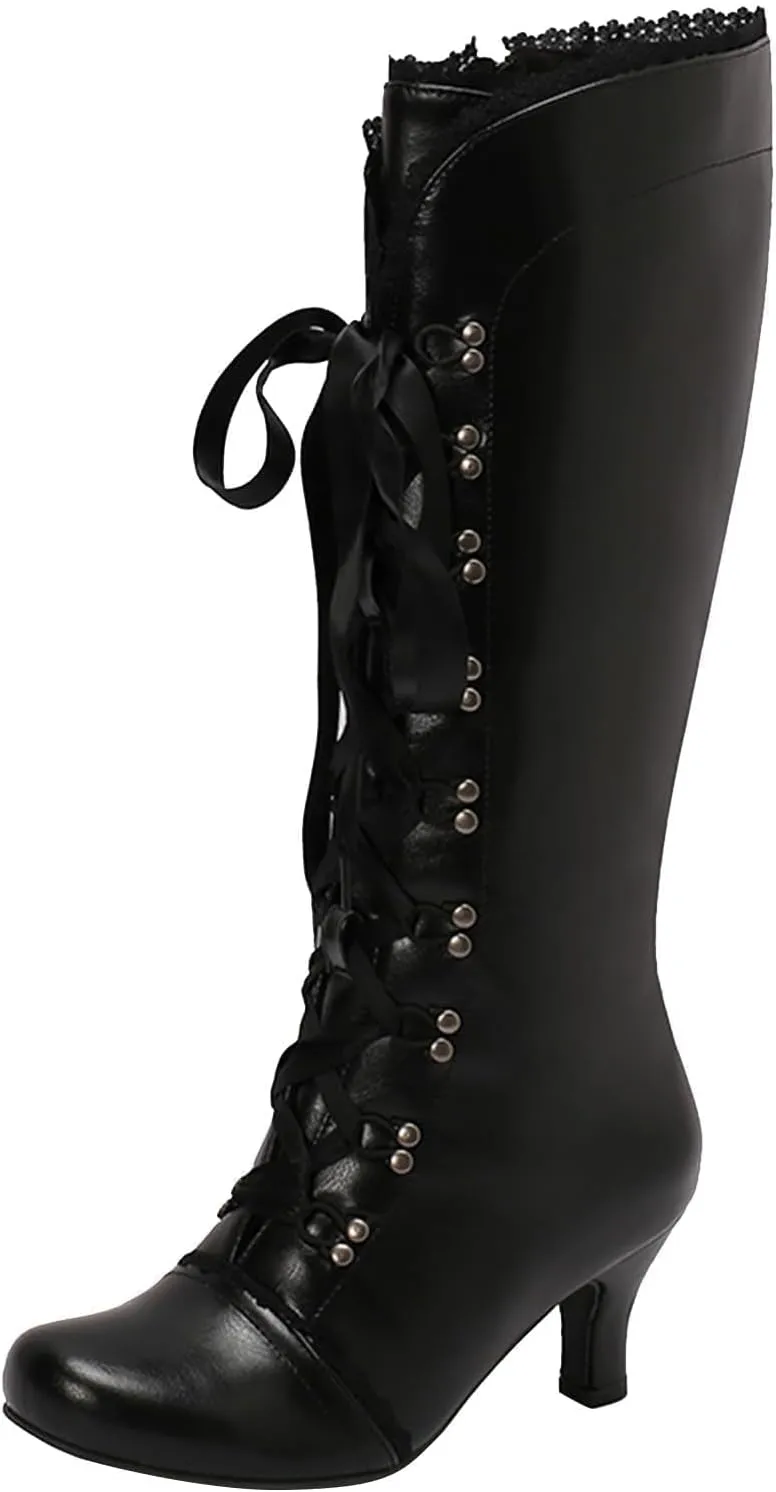 Knee High Boots for Women Gothic Victorian Boots Low Kitten Heel Mid Calf Boots Lace Up Cute Bow Boots for Ladies