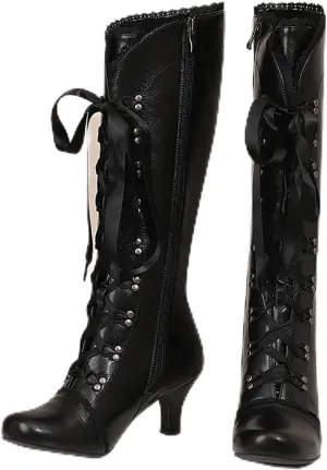 Knee High Boots for Women Gothic Victorian Boots Low Kitten Heel Mid Calf Boots Lace Up Cute Bow Boots for Ladies