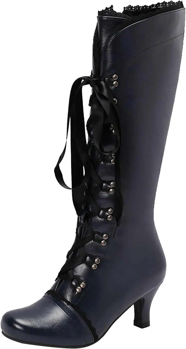 Knee High Boots for Women Gothic Victorian Boots Low Kitten Heel Mid Calf Boots Lace Up Cute Bow Boots for Ladies