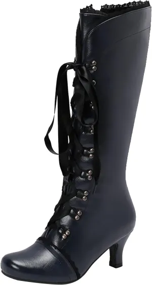 Knee High Boots for Women Gothic Victorian Boots Low Kitten Heel Mid Calf Boots Lace Up Cute Bow Boots for Ladies