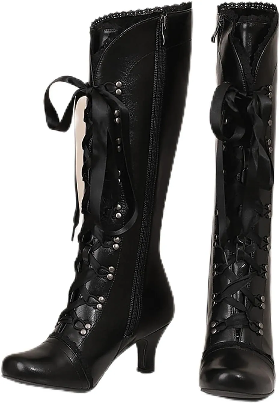 Knee High Boots for Women Gothic Victorian Boots Low Kitten Heel Mid Calf Boots Lace Up Cute Bow Boots for Ladies