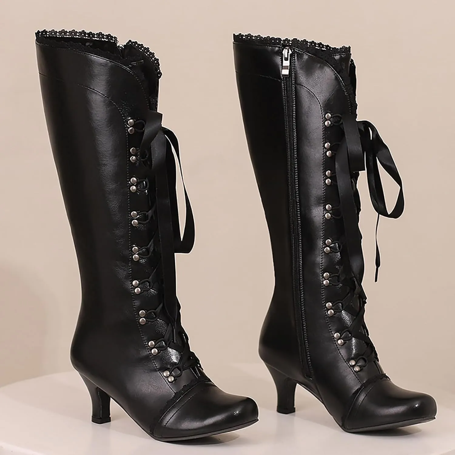 Knee High Boots for Women Gothic Victorian Boots Low Kitten Heel Mid Calf Boots Lace Up Cute Bow Boots for Ladies