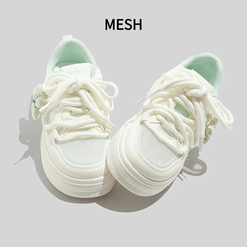 Knit Flower Platform Skate Sneakers Women Girls, Double Laces, Round Toe, Anti Slip, Y2K Cute, Height Boost Shoes