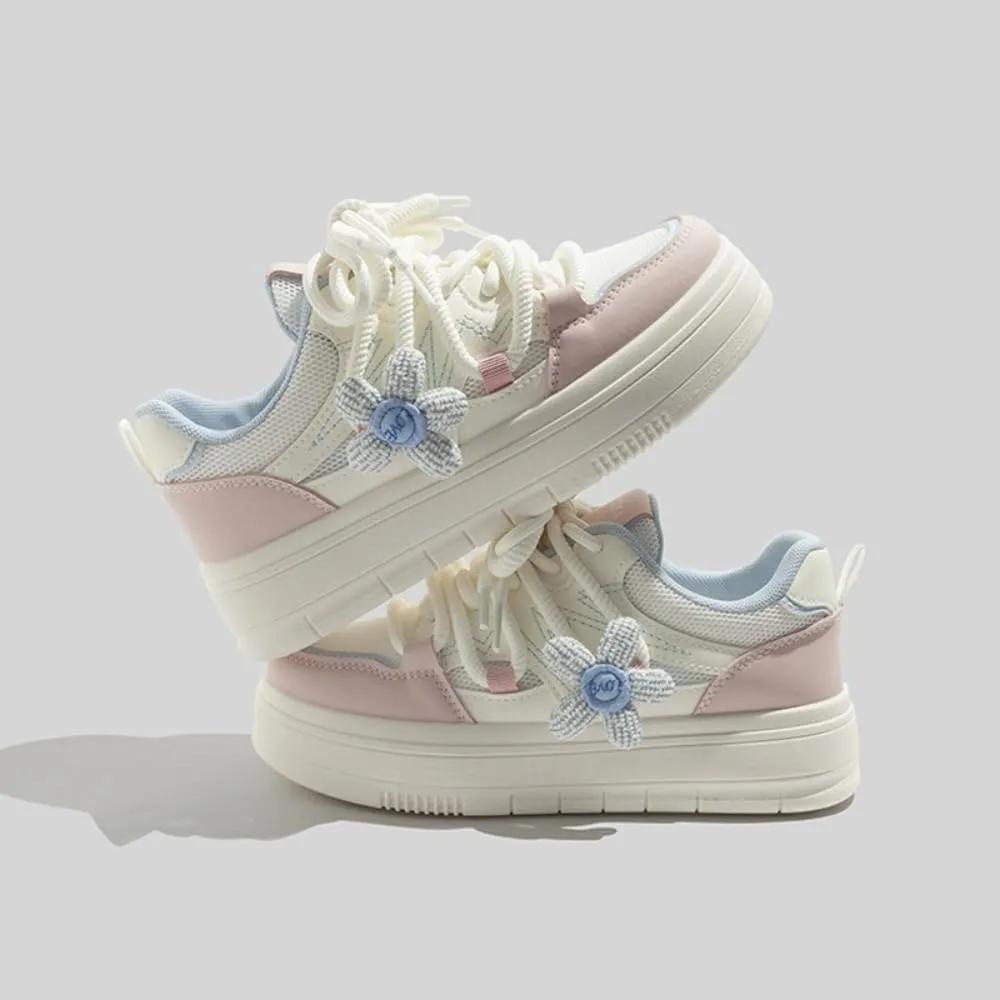 Knit Flower Platform Skate Sneakers Women Girls, Double Laces, Round Toe, Anti Slip, Y2K Cute, Height Boost Shoes