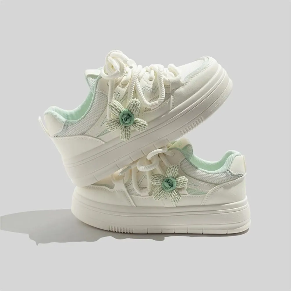 Knit Flower Platform Skate Sneakers Women Girls, Double Laces, Round Toe, Anti Slip, Y2K Cute, Height Boost Shoes