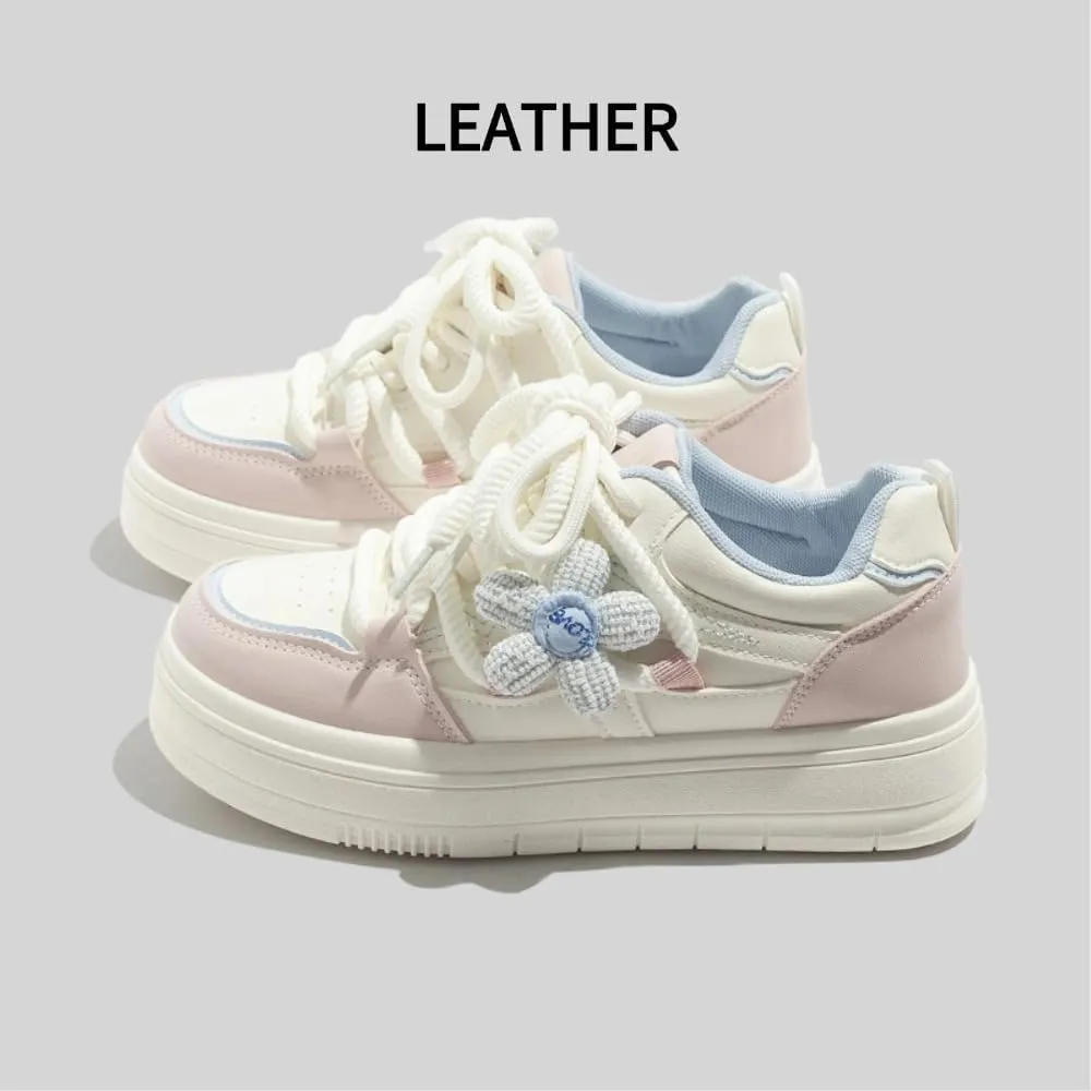 Knit Flower Platform Skate Sneakers Women Girls, Double Laces, Round Toe, Anti Slip, Y2K Cute, Height Boost Shoes