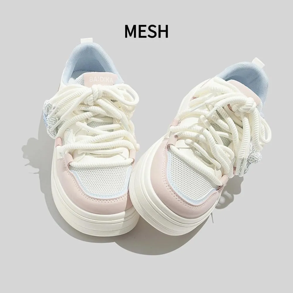 Knit Flower Platform Skate Sneakers Women Girls, Double Laces, Round Toe, Anti Slip, Y2K Cute, Height Boost Shoes