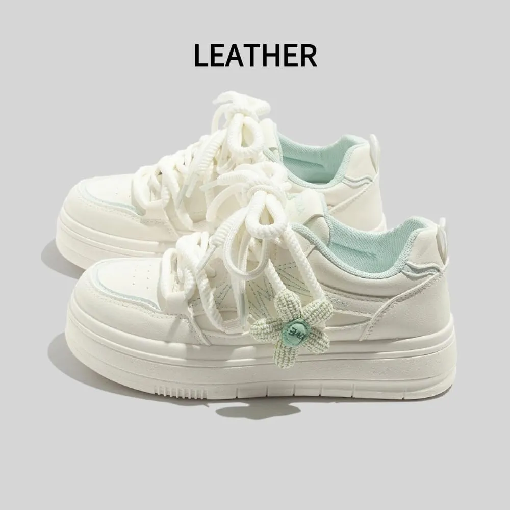 Knit Flower Platform Skate Sneakers Women Girls, Double Laces, Round Toe, Anti Slip, Y2K Cute, Height Boost Shoes