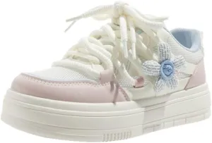 Knit Flower Platform Skate Sneakers Women Girls, Double Laces, Round Toe, Anti Slip, Y2K Cute, Height Boost Shoes