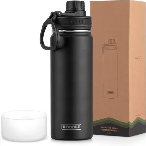 Koodee Insulated Water Bottle, 22 oz Stainless Steel Double Wall Vacuum Wide Mouth Sport Bottle with Leakproof Spout Lid (Black)