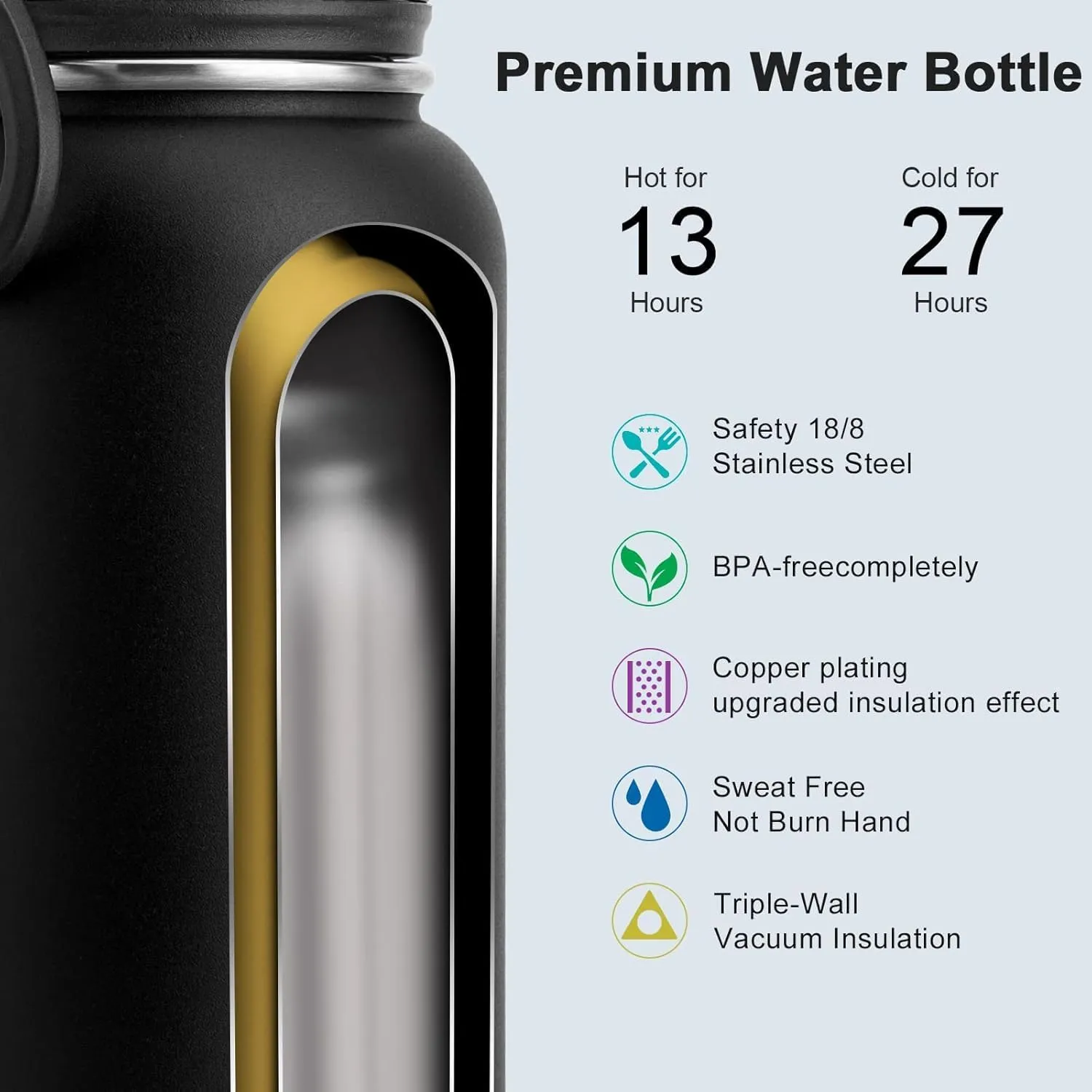 Koodee Insulated Water Bottle, 22 oz Stainless Steel Double Wall Vacuum Wide Mouth Sport Bottle with Leakproof Spout Lid (Black)