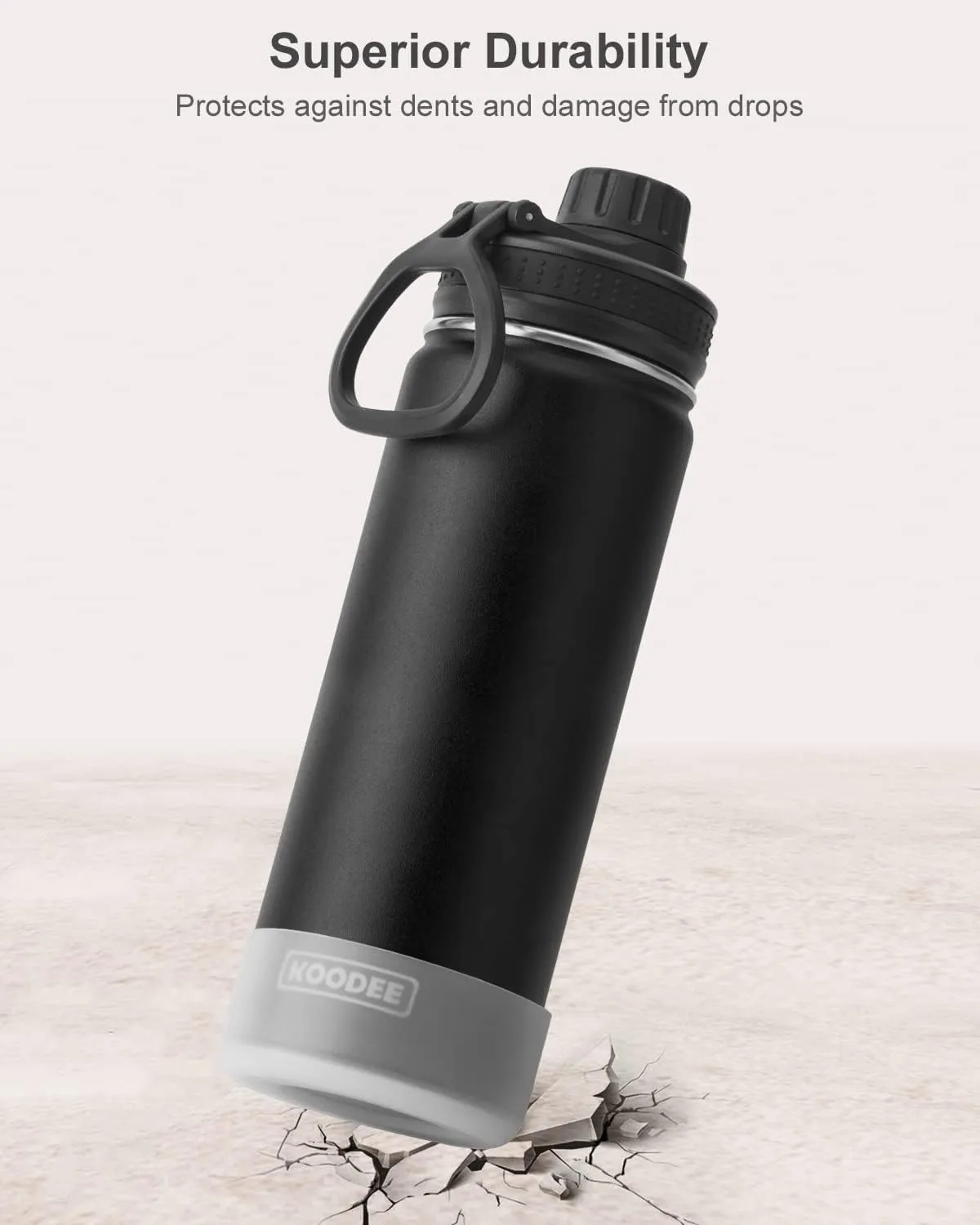 Koodee Insulated Water Bottle, 22 oz Stainless Steel Double Wall Vacuum Wide Mouth Sport Bottle with Leakproof Spout Lid (Black)