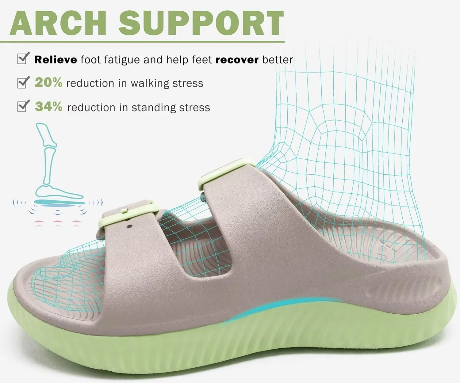 KuaiLu Womens Recovery Sandals With Comfortable Plantar Fasciitis Arch Support, Orthotic Adjustable Thick Cushion Sport Slides Reduces Stress on Feet, Joints & Back Post-Exercise
