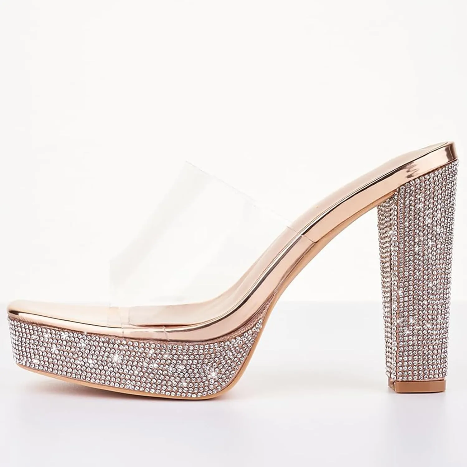 LALA IKAI Women's Black 4 Inches Rhinestone Platform Chunky Heels Sandals