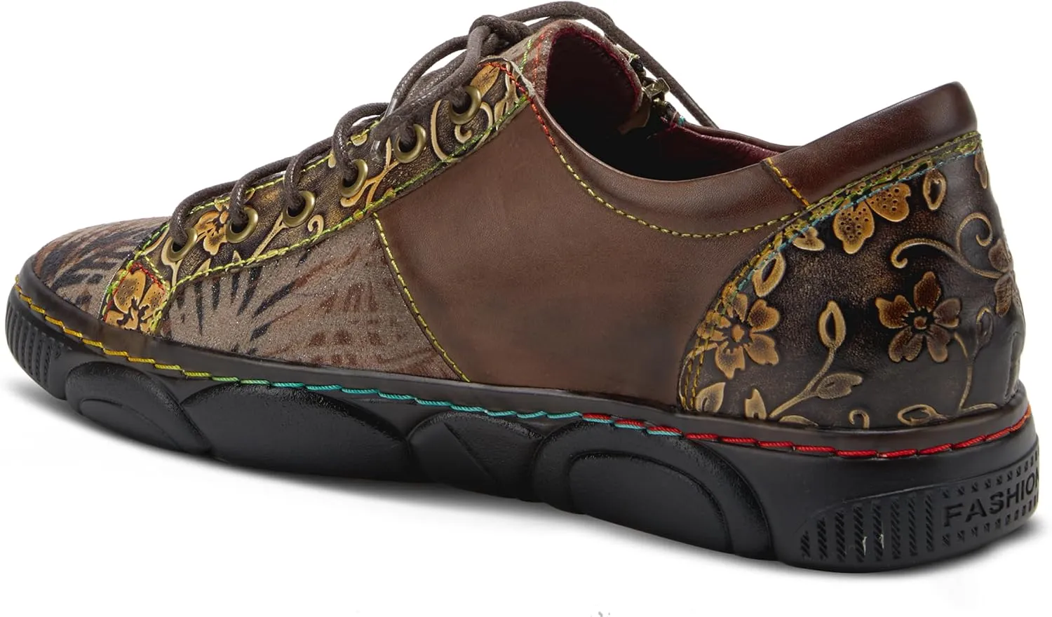 L'Artiste by Spring Step Women's Danli-Bloom Sneaker – Hand-Painted Leather Platform Shoes with Zipper & Lace-Up Closure, Removable Insole, Rainbow Stitching, Comfort Fit